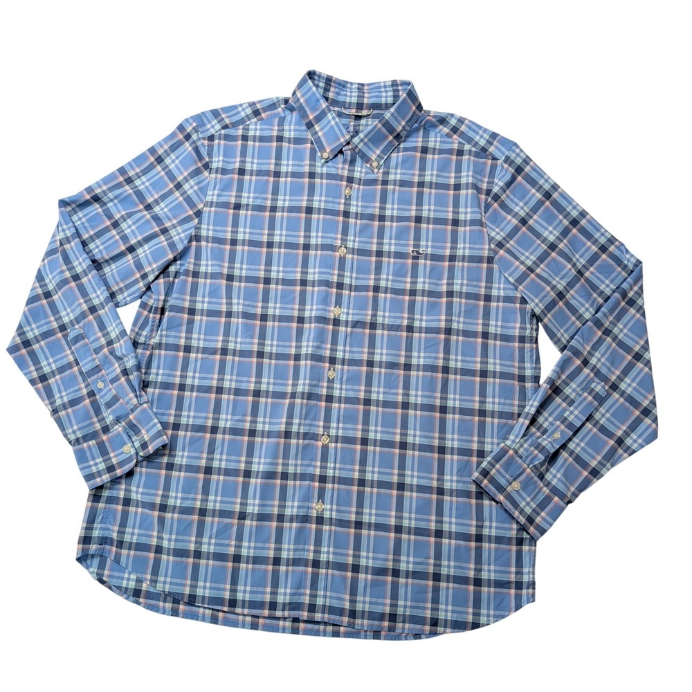 Vineyard Vines On-The-Go Shirt Men's L‎ Blue Plaid Performance Stretch 1W011271